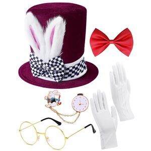 8318 White Rabbit Costume Mad Hatter Set Bunny Ear Top Hat